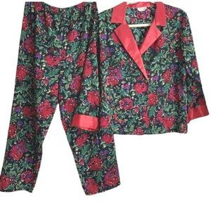 Vtg Victorias Secret Satin Pajama Set Womens Small Red Floral Gold Label 2 Piece